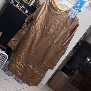 SHEIN Metallic Gold Long Sleeve Midi Faux Leather Dress